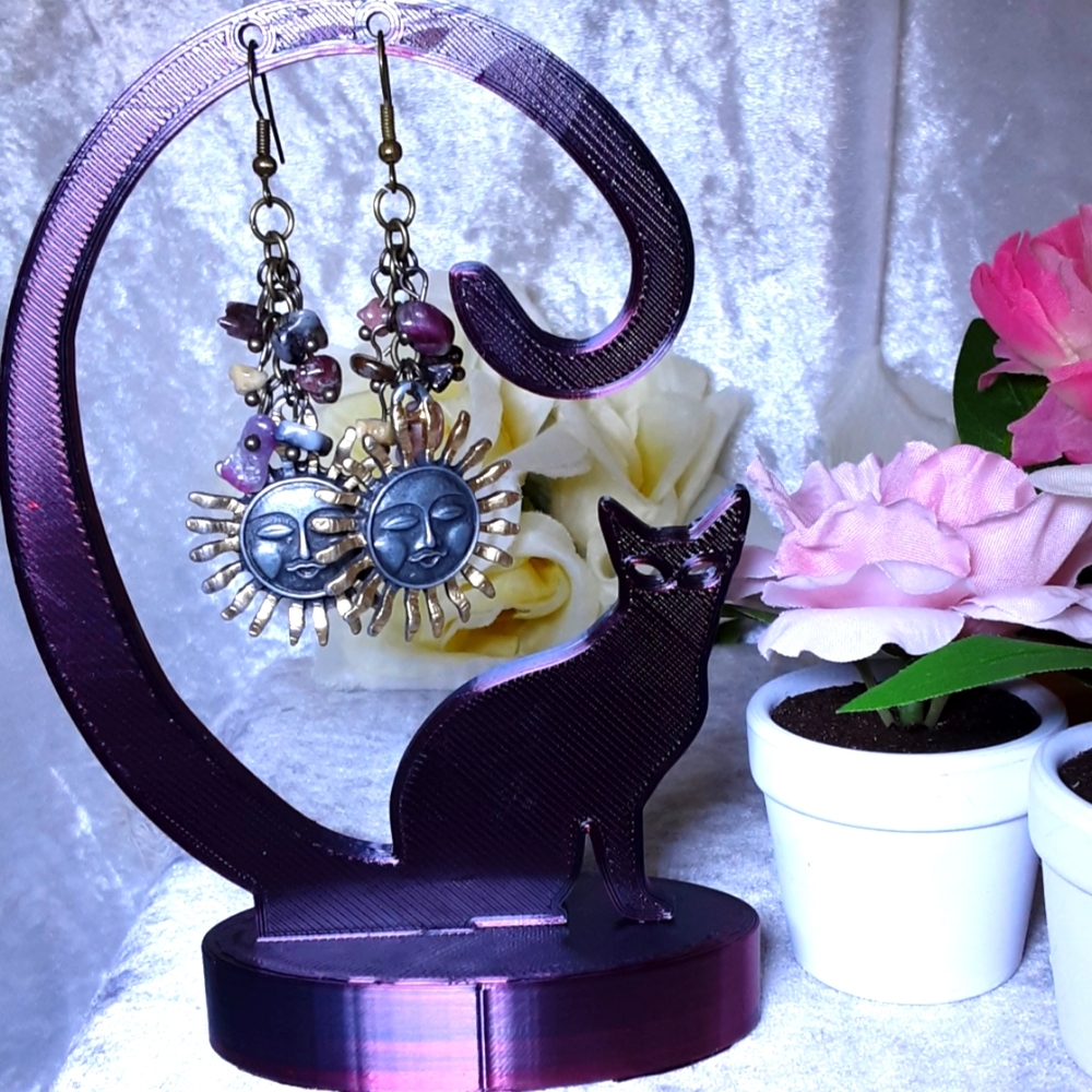 Handmade Sun And Real Stone Earrings Gold and Antique Silvertone Metals - Picture 4 of 4